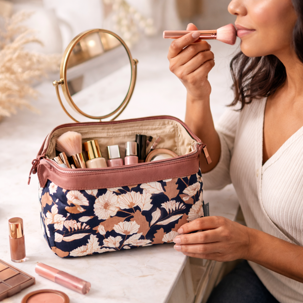 Trousse de maquillage florale élégante – Bleu nuit & rose poudré