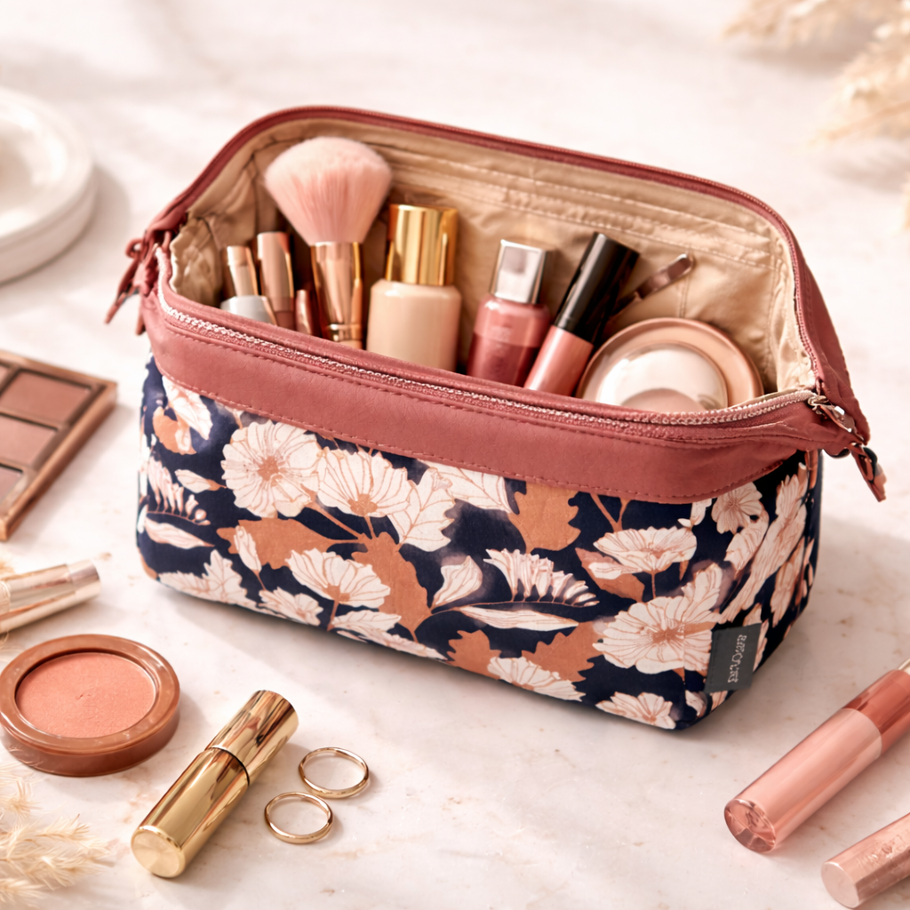Trousse de maquillage florale élégante – Bleu nuit & rose poudré